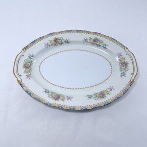 Vintage Sango Serving Platter Oval Tray Plate Centerpiece Scallop Flower Gold